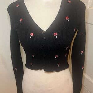 Black Cropped Cardigan with Mushroom Embroidery